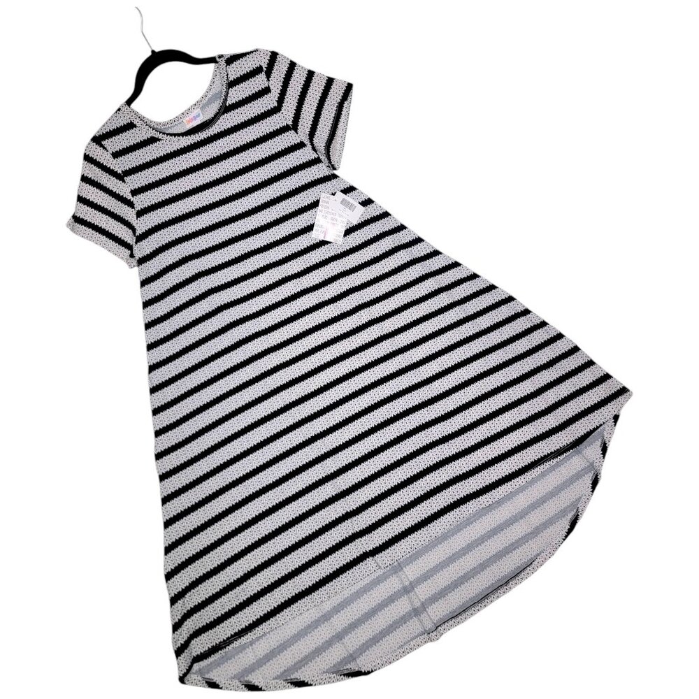 LuLaRoe Carly Dress Medium Zigzag Stripe Black White High Low A-Line Swing